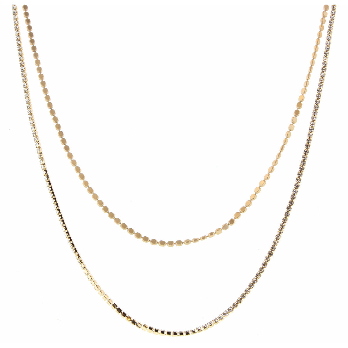 16", 18" 2 Layer Dainty Gold Flat Bead and Clear Crystal Box Chain Necklace - Debs on 5th