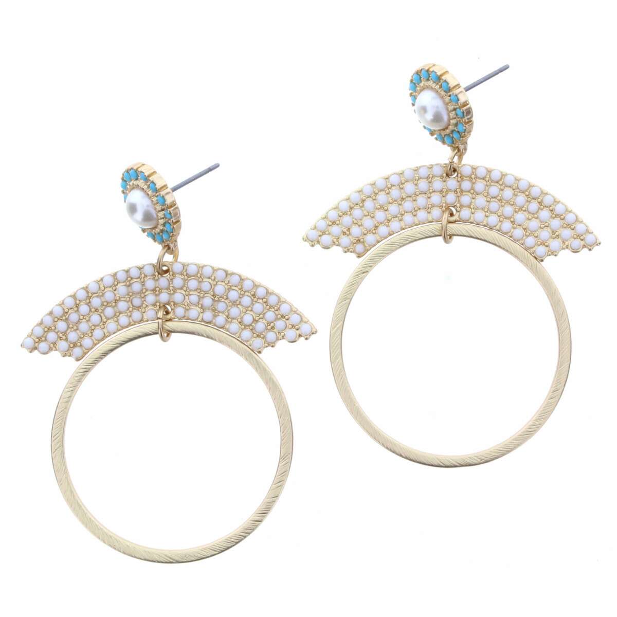 Light Blue Crystals with Center Pearl, White Crystal Curve with Gold Hoop Earring - Debs on 5th