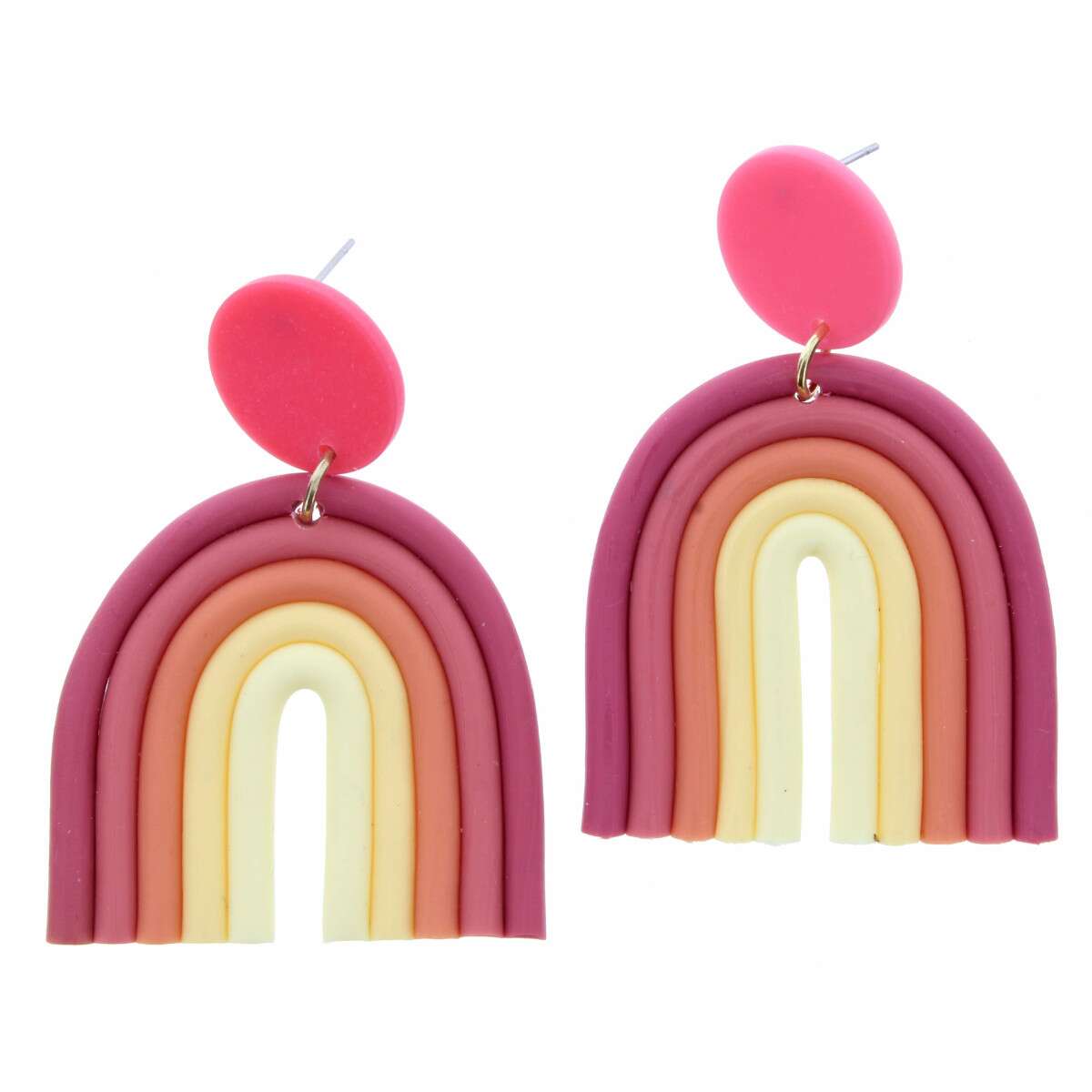 Pink Circle with Polymer Pink and Yellow Rainbow Earring - Debs on 5th