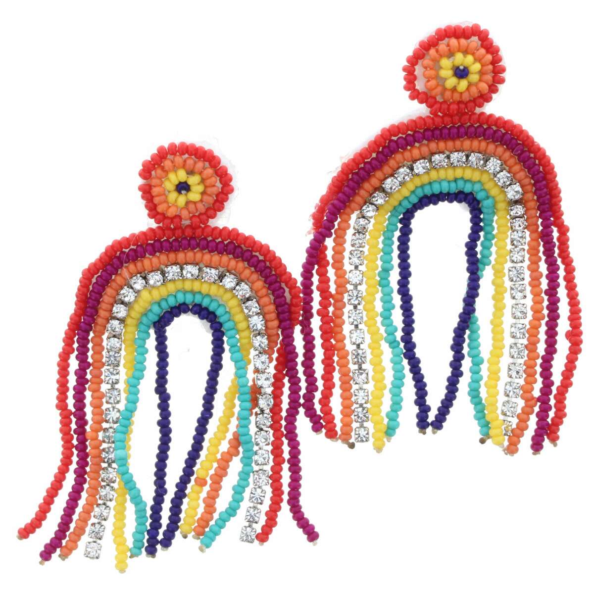Beaded Rainbow with Rhinestone Accent with Fringe Earring - Debs on 5th
