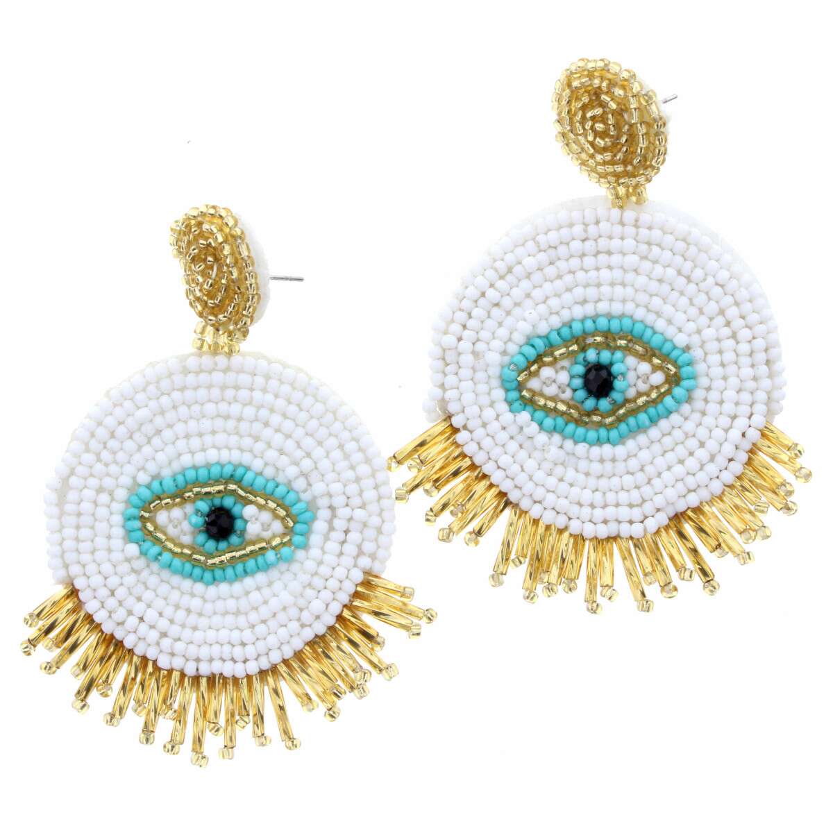 Gold Beaded Post with White, Gold, Turquoise Eye with Gold Fringe Earring - Debs on 5th