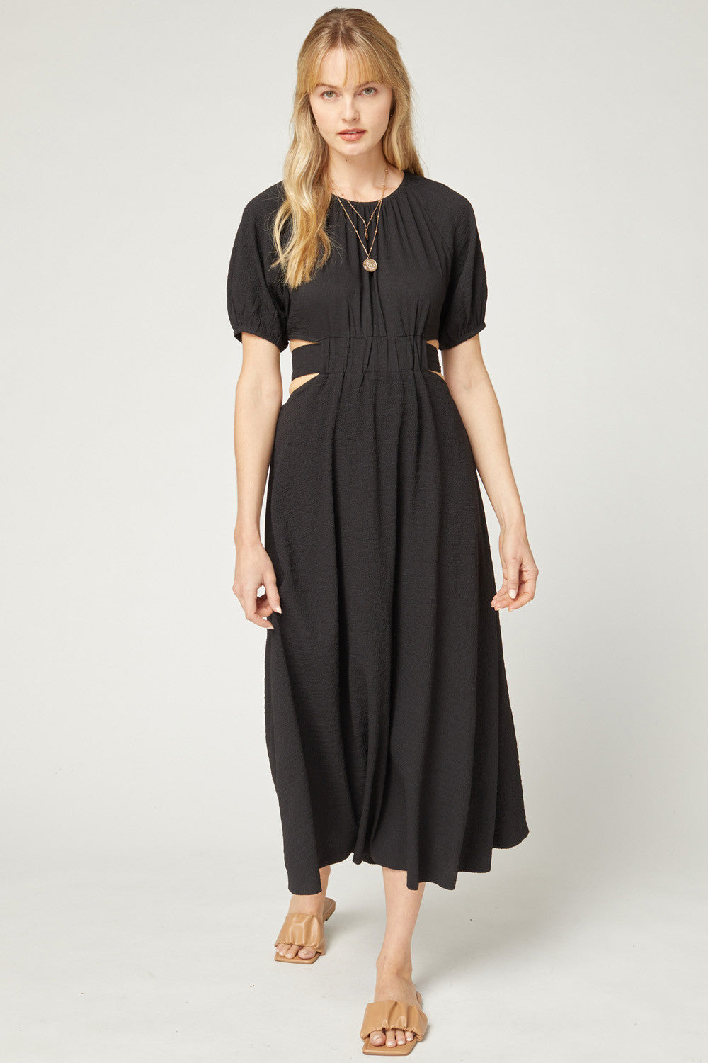 Solid Textured Puff Sleeve Midi Dress - Debs on 5th