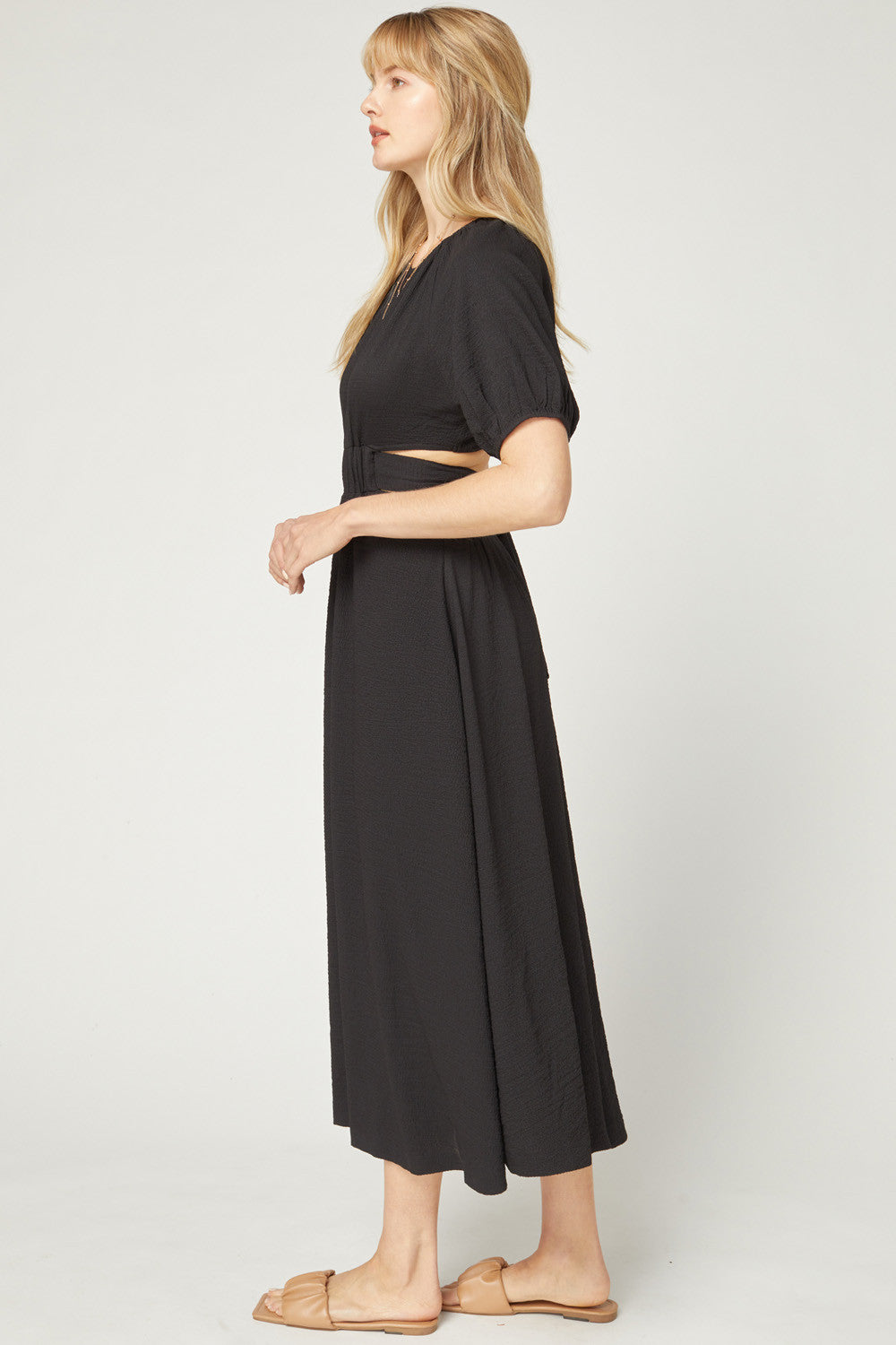 Solid Textured Puff Sleeve Midi Dress - Debs on 5th