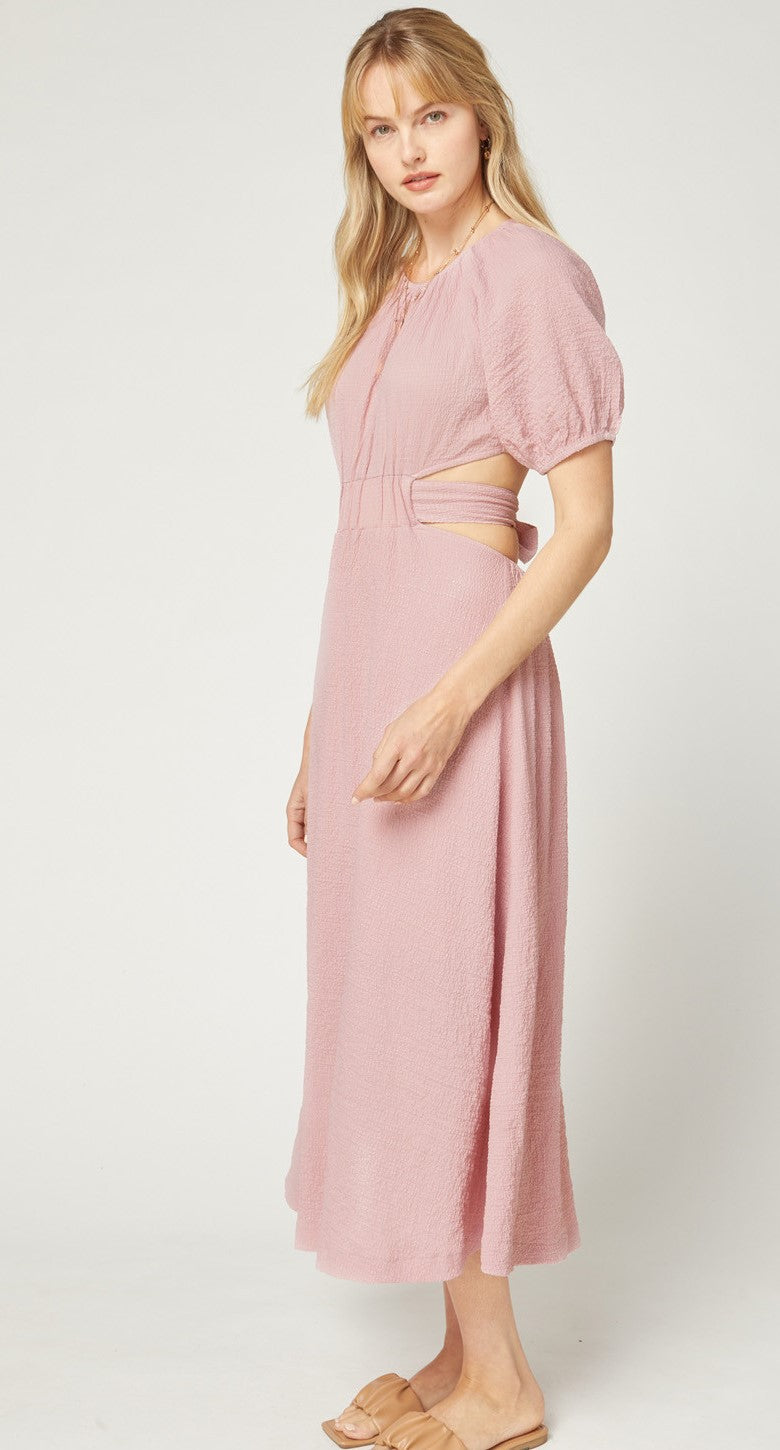 Solid Textured Puff Sleeve Midi Dress - Debs on 5th