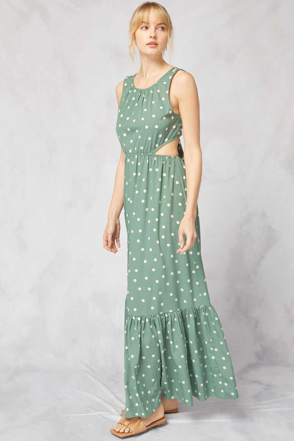 Polka Dot Print Sleeveless Tiered Maxi Dress - Debs on 5th