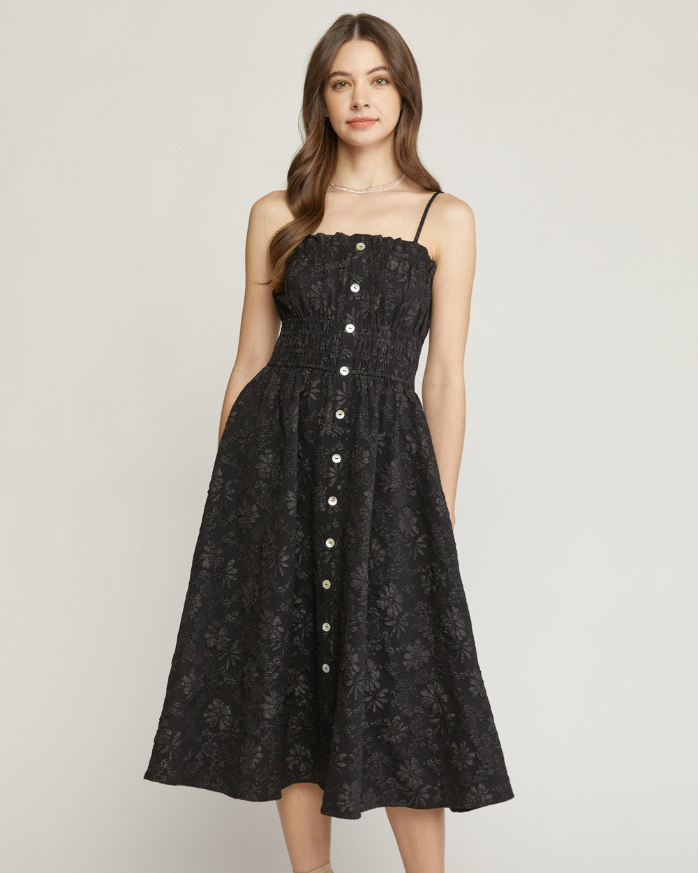 Floral Textured Spaghetti Strap Midi Dress - Debs on 5th