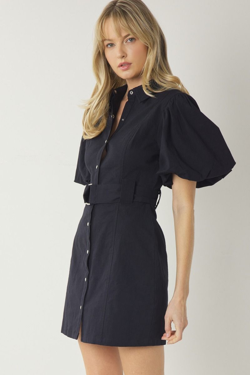 Bubble Sleeve Button Up Dress - Debs on 5th